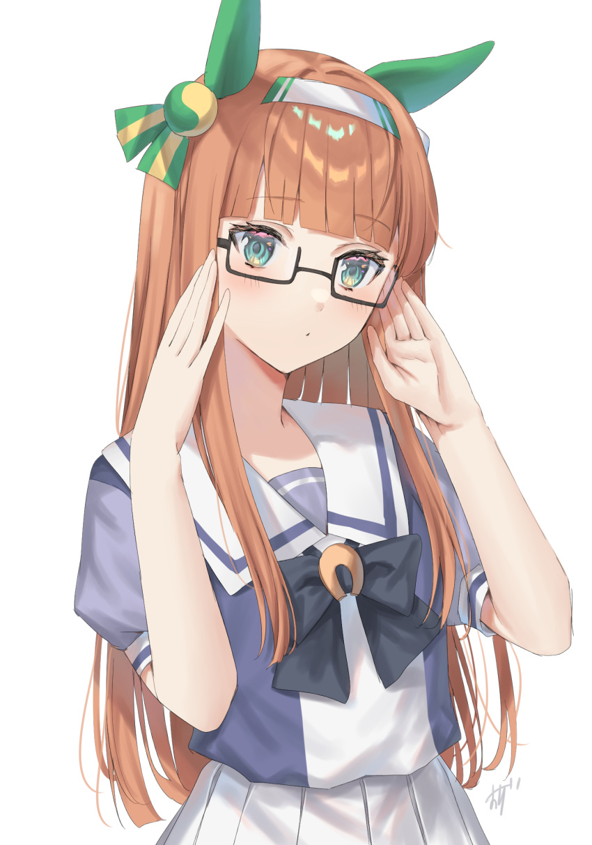 1girl animal_ears bangs bespectacled blush commentary_request glasses hair_ornament headband highres horse_ears horse_girl long_hair looking_at_viewer orange_hair oshage_(osyage921) school_uniform silence_suzuka_(umamusume) simple_background tracen_school_uniform umamusume