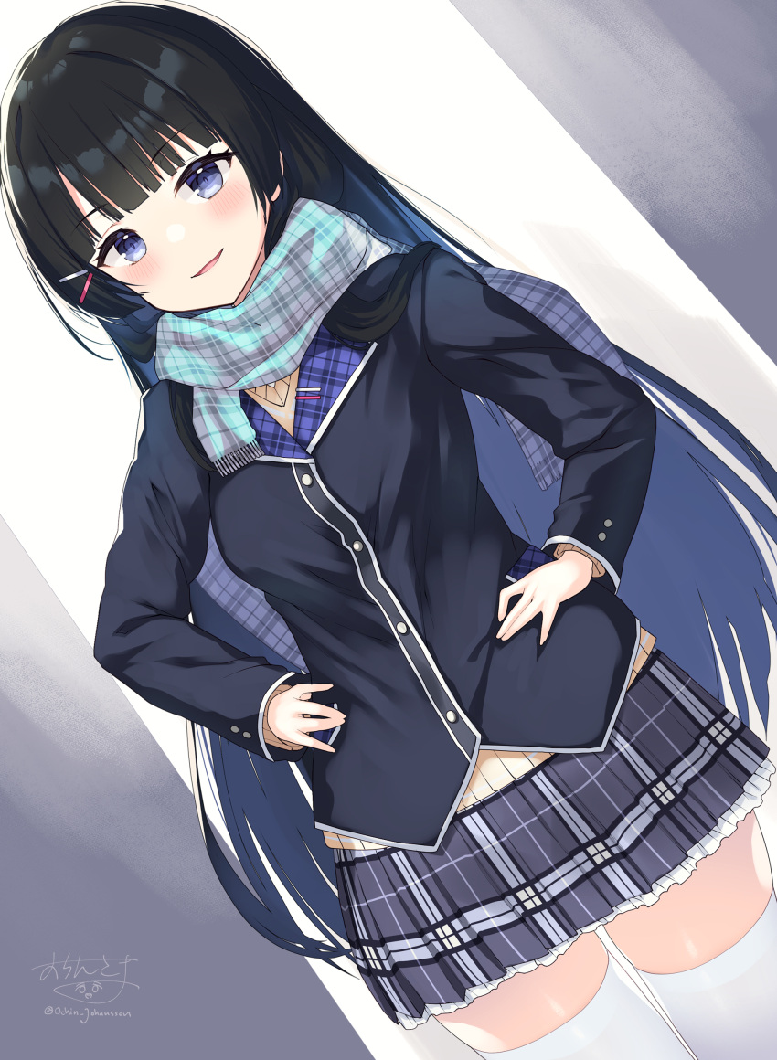1girl absurdres bangs black_hair black_jacket blazer blue_eyes breasts brown_sweater commentary_request dutch_angle frilled_skirt frills fringe_trim grey_scarf grey_skirt hair_ornament hairclip hands_in_pockets highres jacket long_hair long_sleeves looking_at_viewer medium_breasts nijisanji ochinsama parted_lips plaid plaid_scarf plaid_skirt pleated_skirt scarf skirt smile solo sweater tsukino_mito very_long_hair virtual_youtuber