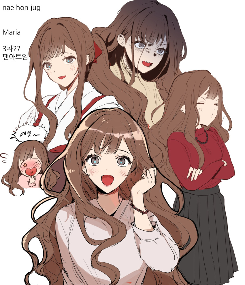 1girl angry bangs blush bracelet brown_eyes brown_hair character_request copyright_request dal-gi highres jewelry long_hair looking_at_viewer multiple_views necklace open_mouth pleated_skirt ponytail red_sweater skirt smile solo sweater teeth upper_body upper_teeth