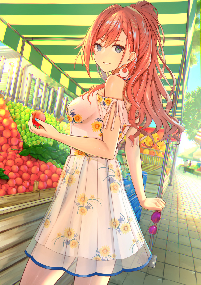 1girl arisugawa_natsuha bare_shoulders commentary dress dutch_angle food from_side fruit grey_eyes highres holding holding_eyewear holding_food holding_fruit idolmaster idolmaster_shiny_colors long_hair looking_at_viewer murazo_(0606) nail_polish peach ponytail redhead smile solo sundress sunglasses white_dress