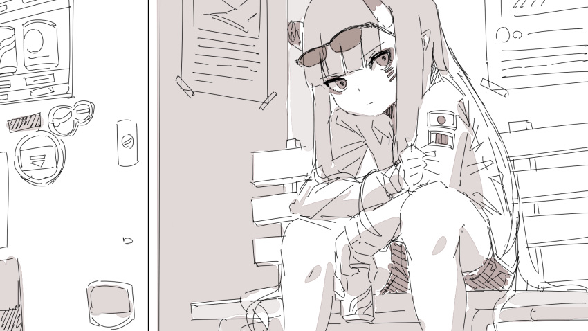 1girl bangs can closed_mouth collared_shirt commentary_request eyewear_on_head feet_out_of_frame highres holding holding_can kuro_kosyou long_hair long_sleeves looking_at_viewer monochrome on_bench original shirt short_shorts shorts sitting sketch solo sunglasses vending_machine very_long_hair
