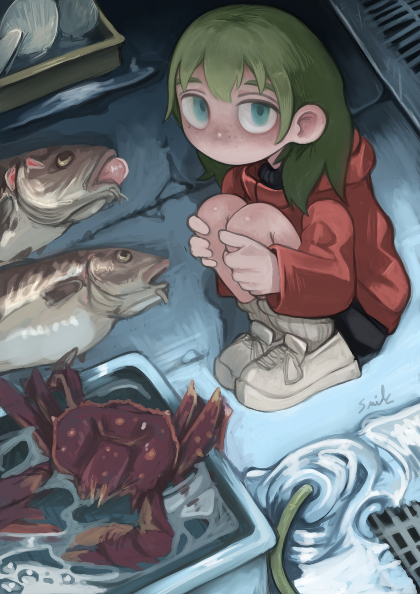 1girl absurdres bangs blonde_hair blue_eyes child crab drain_(object) female_child fish hands_on_own_knees highres hose jacket lalah_7th looking_at_viewer original shoes shorts sneakers socks water