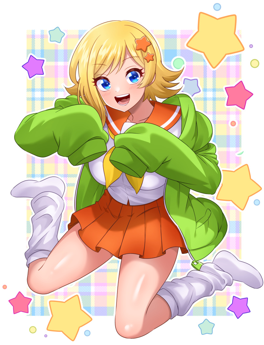 1girl :d absurdres blonde_hair blue_eyes breasts dooonnosuke full_body green_jacket hair_ornament highres jacket looking_at_viewer loose_socks medium_breasts medium_hair orange_skirt original school_uniform serafuku shirt skirt sleeves_past_fingers sleeves_past_wrists smile socks star_(symbol) star_hair_ornament white_shirt