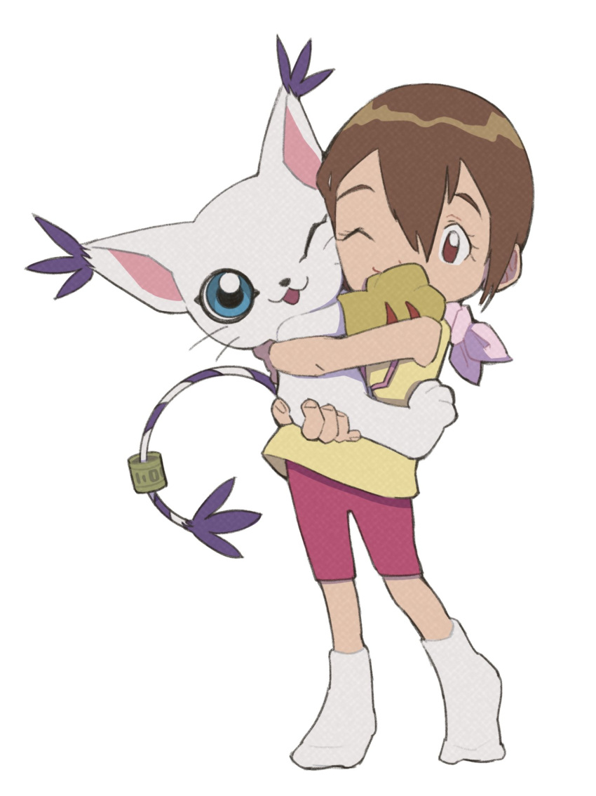 blue_eyes brown_hair digimon digimon_(creature) digimon_adventure hamoo8686 happy highres holding hug looking_at_viewer one_eye_closed short_hair simple_background socks tongue tongue_out white_background white_socks yagami_hikari