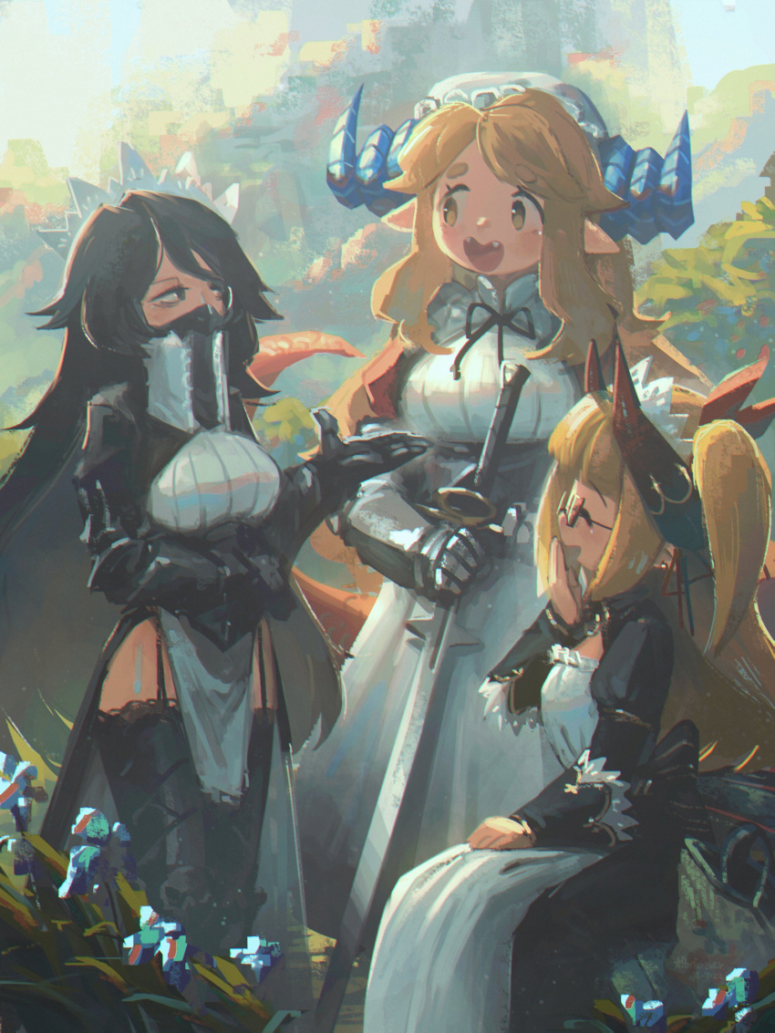 3girls absurdres apron black_hair blonde_hair borrowed_character closed_eyes dragon_maid_(murgoten) english_commentary executioner_maid_(centuriic) fangs fantasy flareze_(porforever) garter_straps glasses highres holding holding_sword holding_weapon horns long_hair looking_at_another maid maid_apron maid_headdress multiple_girls original pointy_ears porforever semi-rimless_eyewear sitting standing sword tail thigh-highs two_side_up under-rim_eyewear very_long_hair weapon yellow_eyes zweihander