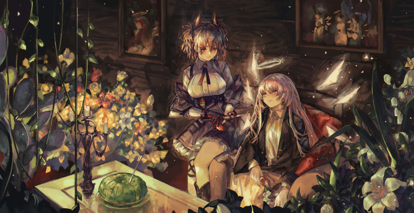 2girls absurdres arknights black_footwear black_jacket black_skirt boots breasts candlestand collared_shirt commission detached_wings energy_wings fiammetta_(arknights) fire flame flower frilled_skirt frills hair_between_eyes halo highres id_card jacket large_breasts lemuen_(arknights) long_hair looking_at_another multiple_girls necktie off_shoulder open_clothes open_jacket photo_(object) realpha red_eyes red_necktie shirt short_hair sitting skirt smile suspender_skirt suspenders whtie_shirt wings