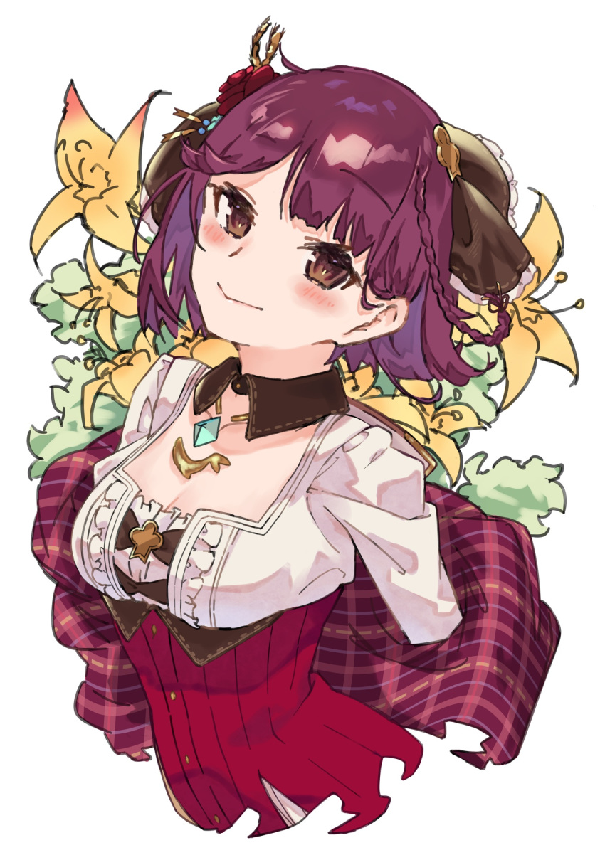 1girl atelier_(series) atelier_sophie atelier_sophie_2 blush bossun_(laetus) braid brown_eyes closed_mouth corset cross-laced_clothes cross-laced_top dress flower highres jewelry looking_at_viewer necklace red_dress red_flower red_rose red_skirt redhead rose short_hair side_braid simple_background skirt smile solo sophie_neuenmuller upper_body white_background