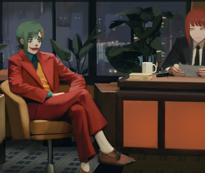 absurdres bangs black_jacket blazer brown_footwear chainsaw_man chair closed_mouth coffee_cup collared_shirt commentary cosplay crossed_legs cup desk disposable_cup dress_shirt facepaint foreshortening formal green_hair hair_ornament hairclip higashiyama_kobeni highres holding jacket joker_(2019) joker_(dc) joker_(dc)_(cosplay) light_smile loafers long_sleeves looking_at_another makima_(chainsaw_man) necktie pants parody plant red_jacket red_pants redhead shirt shoes socks white_shirt window xyanaid yellow_eyes