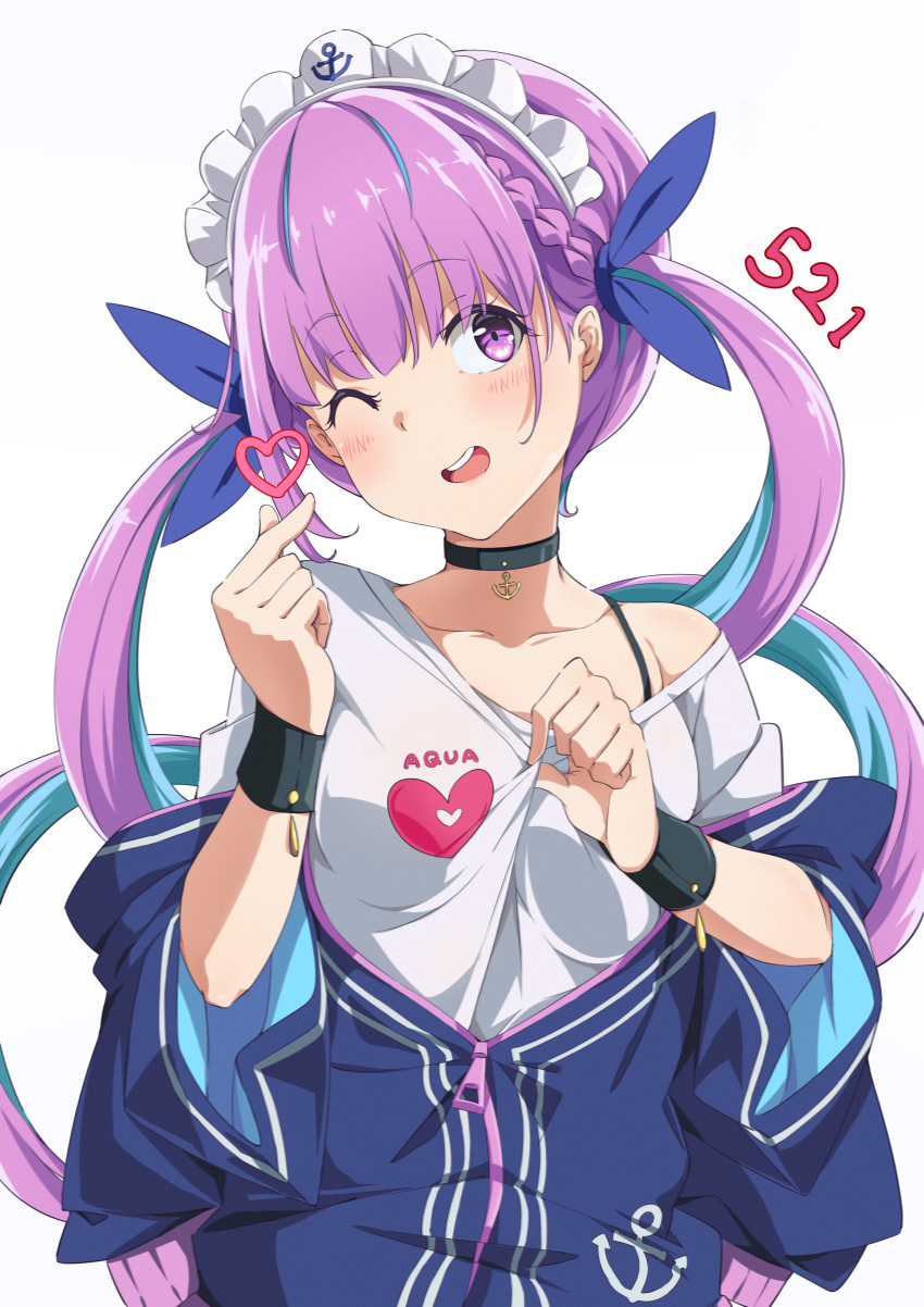 1girl absurdres bangs black_choker blue_hair blush choker clothes_pull finger_heart heart highres hololive jacket long_hair maid_headdress minato_aqua multicolored_hair off_shoulder one_eye_closed open_mouth purple_hair risami121 shirt simple_background smile solo streaked_hair teeth twintails upper_body upper_teeth virtual_youtuber white_background white_shirt