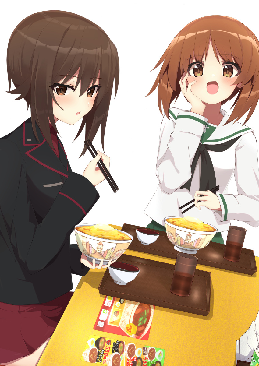 2girls :d absurdres bangs black_jacket black_neckerchief blouse blush bowl brown_eyes brown_hair chopsticks commentary_request cup dress_shirt drinking_glass eating food girls_und_panzer green_skirt gyuudon hand_on_own_cheek hand_on_own_face highres holding holding_bowl holding_chopsticks jacket kuromorimine_military_uniform long_sleeves looking_at_viewer military military_uniform miniskirt multiple_girls nasunegiuni neckerchief nishizumi_maho nishizumi_miho ooarai_school_uniform open_mouth pleated_skirt red_shirt red_skirt sailor_collar school_uniform serafuku shirt short_hair siblings simple_background sisters sitting skirt smile sukiya table uniform white_background white_sailor_collar white_shirt wing_collar