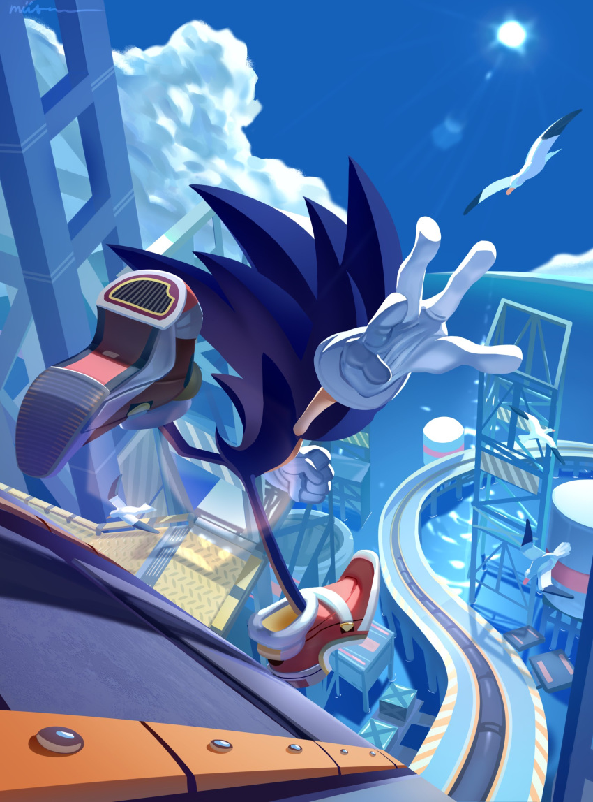 1boy absurdres bird blue_sky clouds container crate day facing_away furry furry_male gloves harbor highres miitara ocean outdoors red_footwear running seagull shipping_container shoes sky sneakers solo sonic_(series) sonic_adventure_2 sonic_the_hedgehog sun tower water white_gloves