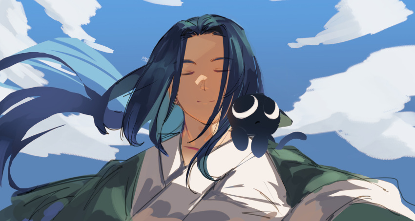 1boy betsujin115 black_cat black_hair blue_sky cat closed_eyes clouds cloudy_sky floating_hair highres long_hair luoxiaohei shadow sky smile the_legend_of_luo_xiaohei upper_body wuxian_(the_legend_of_luoxiaohei)
