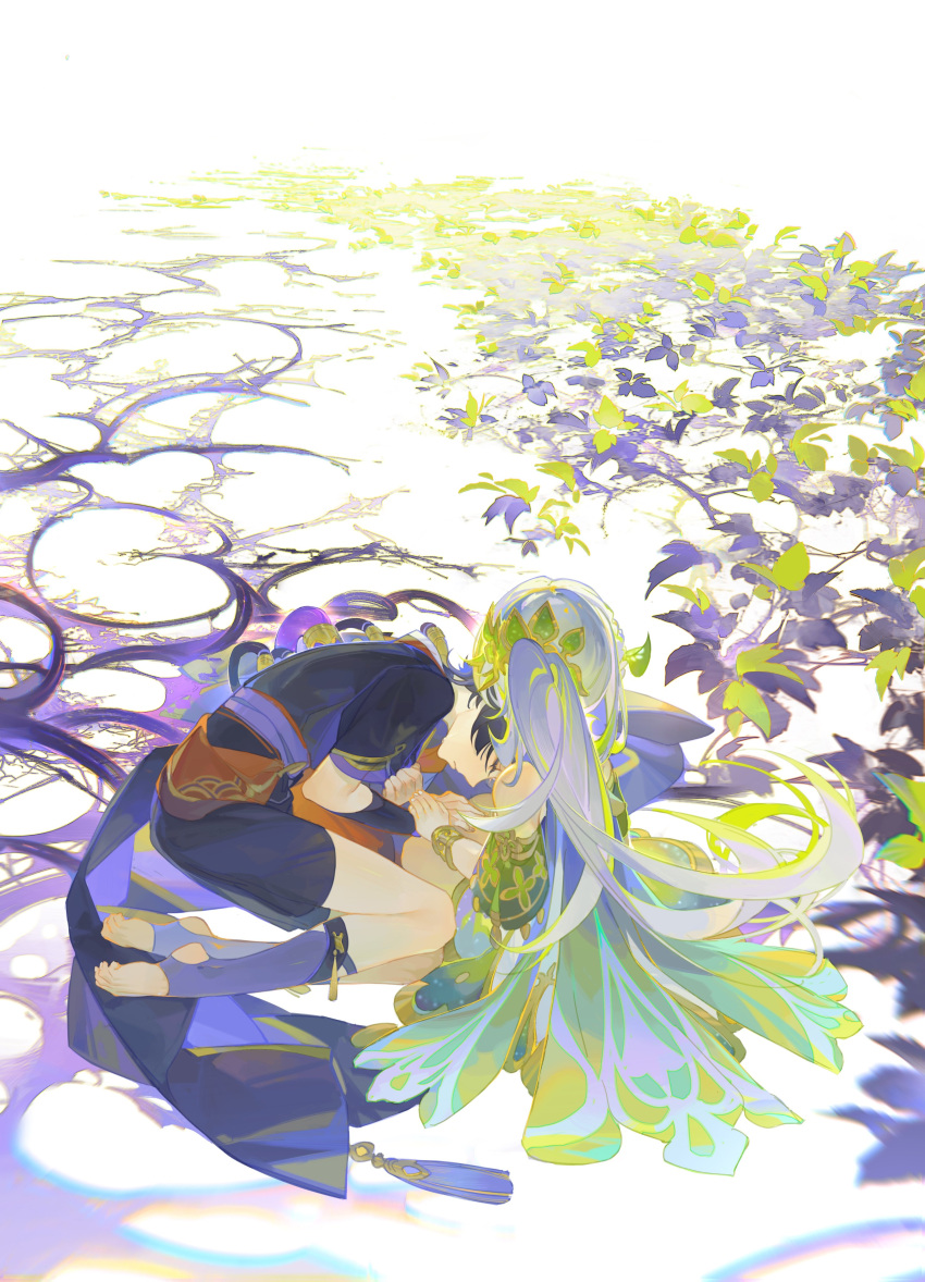 1boy 1girl absurdres bare_shoulders bracelet closed_eyes comforting curled_up detached_sleeves dress english_commentary genshin_impact green_hair grey_hair hair_ornament hands_on_another's_arm highres japanese_clothes jewelry lap_pillow long_hair lying multicolored_hair n0kio nahida_(genshin_impact) on_side scaramouche_(genshin_impact) short_hair short_sleeves shorts side_ponytail simple_background sleeveless sleeveless_dress tears white_dress