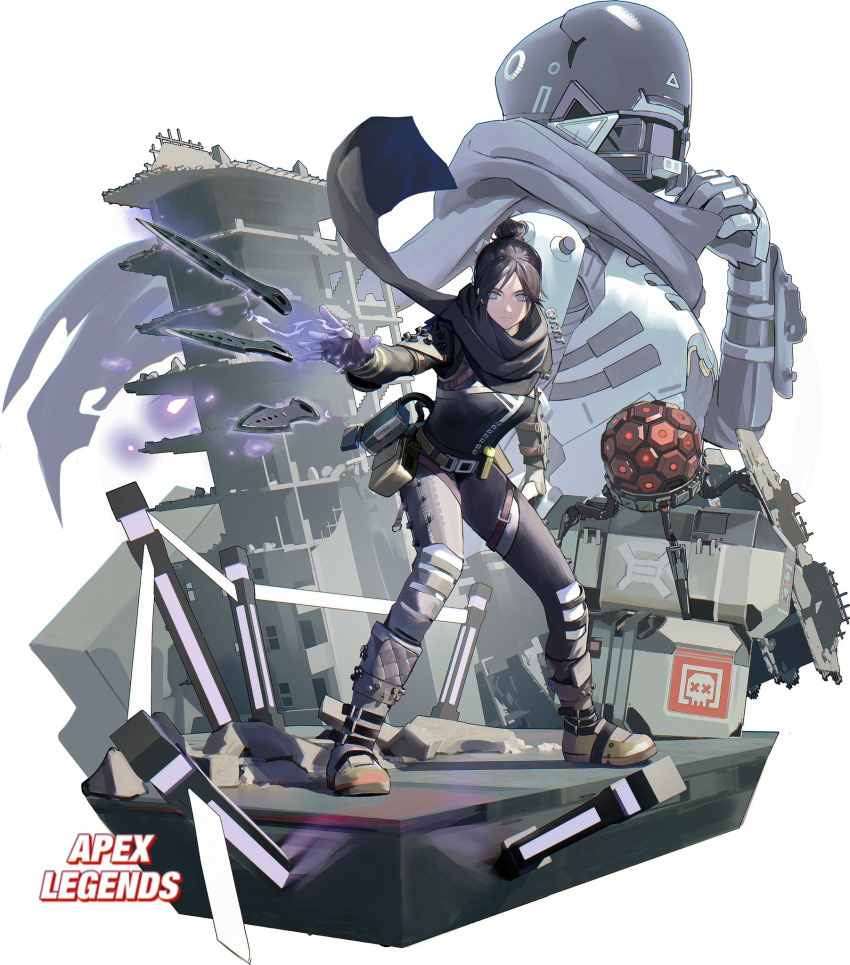2girls animification apex_legends bangs belt black_bodysuit black_hair black_scarf blue_eyes bodysuit boots breasts brown_belt cable chinese_commentary copyright_name death_box_(apex_legends) dual_persona explosive_tick gloves grey_footwear grey_gloves hair_bun helmet highres knife kunai leaning_forward medium_breasts multiple_girls official_alternate_costume parted_bangs purple_scarf scarf single_hair_bun t.t.t throwing titanfall_(series) titanfall_2 voidwalker_wraith weapon white_background wraith's_kunai wraith_(apex_legends)