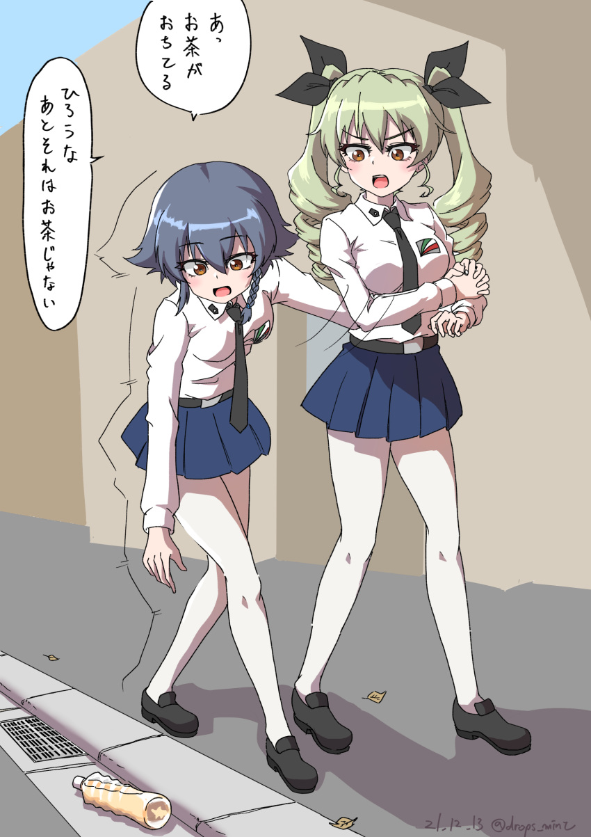 2girls absurdres anchovy_(girls_und_panzer) anzio_school_uniform arm_grab bangs belt black_belt black_footwear black_hair black_necktie black_ribbon black_skirt bottle braid brown_eyes dated day dress_shirt drill_hair drops_mint emblem girls_und_panzer green_hair hair_ribbon highres holding_hands interlocked_fingers leaning_forward loafers long_hair long_sleeves looking_at_another miniskirt motion_lines multiple_girls necktie no_cape outdoors pantyhose pepperoni_(girls_und_panzer) pleated_skirt ribbon school_uniform shadow shirt shoes short_hair side_braid sidewalk skirt standing storm_drain translated twin_drills twintails twitter_username white_shirt wing_collar