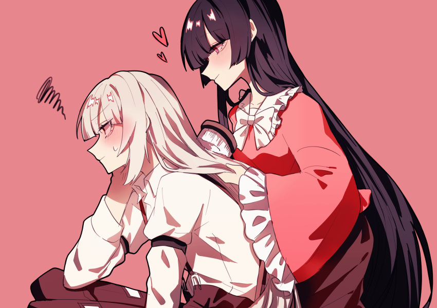 2girls absurdres bangs black_hair bow bowtie brushing_another's_hair brushing_hair closed_mouth collared_shirt commentary_request frilled_shirt_collar frilled_sleeves frills from_side fujiwara_no_mokou hair_brush heart highres houraisan_kaguya long_hair long_sleeves multiple_girls no_hair_bow pants pink_shirt red_background red_eyes red_pants shirt simple_background somei_ooo squiggle sweatdrop touhou very_long_hair white_bow white_bowtie white_hair white_shirt