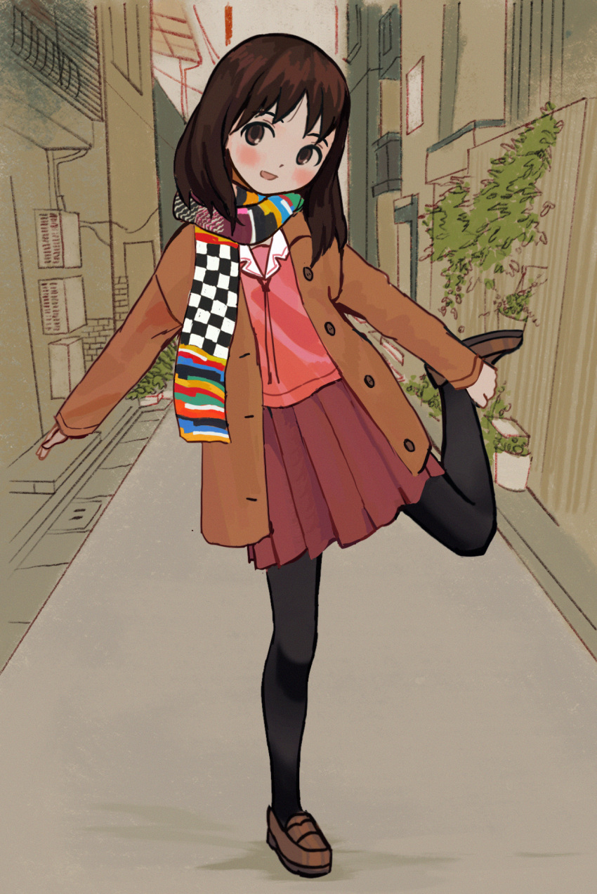 1girl :d alley azumanga_daioh azumanga_daioh's_school_uniform bangs black_pantyhose blush brown_eyes brown_footwear checkered_clothes checkered_scarf commentary english_commentary eyebrows_hidden_by_hair film_grain full_body head_tilt highres holding_own_foot io_(onisarashi) kasuga_ayumu leg_up loafers long_hair long_sleeves looking_at_viewer multicolored_clothes multicolored_scarf open_clothes outdoors pantyhose parted_lips pleated_skirt scarf school_uniform shoes skirt smile solo standing standing_on_one_leg tareme