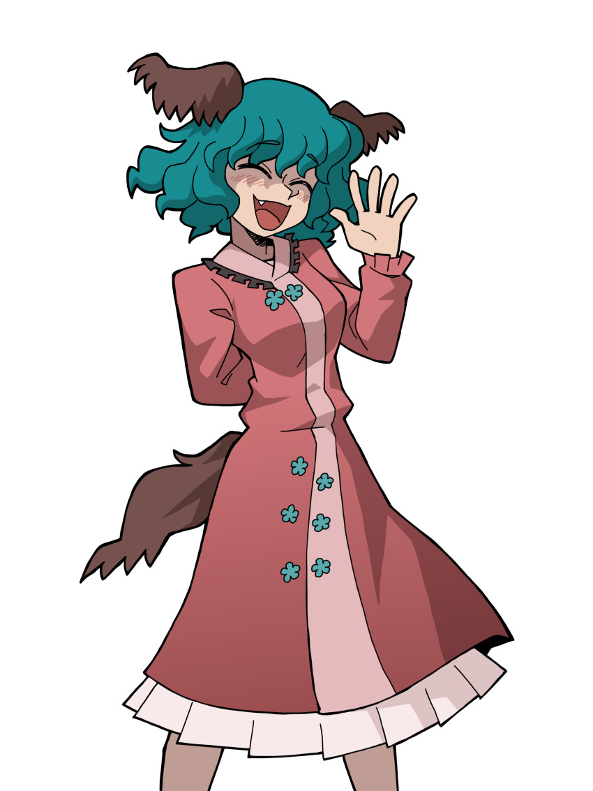 1girl :d ^_^ absurdres animal_ears arm_behind_back brown_dress closed_eyes dog_ears dog_tail dress eddybird55555 english_commentary fang green_hair highres kasodani_kyouko long_sleeves open_mouth parody short_hair simple_background smile solo standing style_parody tail touhou vanripper_(style) white_background