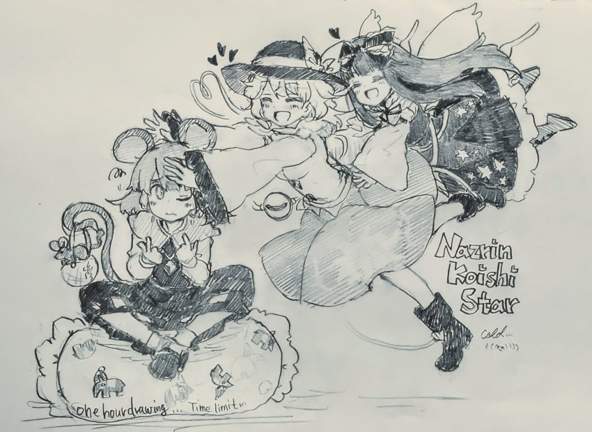 3girls animal_ears basket bow carbohydrate_(asta4282) character_name closed_eyes doremy_sweet doremy_sweet_(baku) english_text fairy_wings full_body hair_bow hat hat_ribbon heart heart_of_string highres komeiji_koishi long_hair monochrome mouse mouse_ears mouse_girl mouse_tail multiple_girls nazrin one-hour_drawing_challenge one_eye_closed pillow ribbon shirt short_hair sitting sketch skirt star_(symbol) star_print star_sapphire tail tapir_print third_eye touhou traditional_media wings