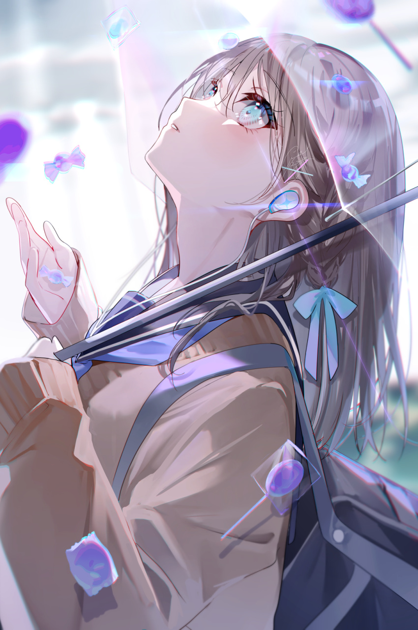 1girl bangs blue_bag blue_ribbon blue_sailor_collar blurry blurry_background brown_hair brown_vest candy carrying_bag clouds cloudy_sky earphones earphones food green_eyes grey_sky hair_ribbon highres holding holding_candy holding_food holding_umbrella light_blush long_hair long_sleeves looking_up miwano_rag open_mouth original outdoors parted_lips ribbon sailor_collar school_uniform sidelocks signature sky solo standing sunlight surprised transparent transparent_umbrella umbrella upper_body vest