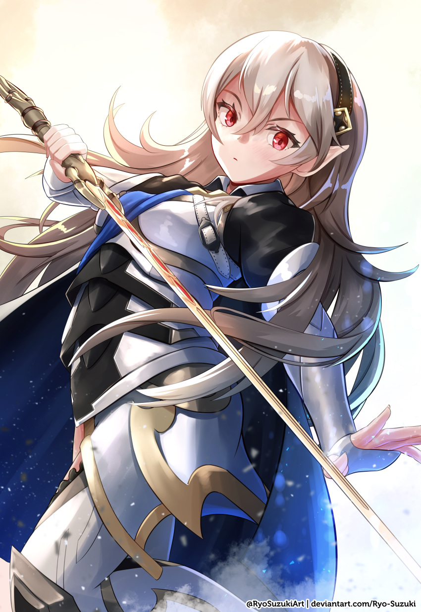 1girl absurdres armor black_hairband corrin_(fire_emblem) corrin_(fire_emblem)_(female) fire_emblem fire_emblem_fates gradient gradient_background grey_hair hairband highres holding holding_sword holding_weapon long_hair long_sleeves pointy_ears red_eyes ryo-suzuki simple_background solo sword twitter_username weapon white_background yato_(fire_emblem)