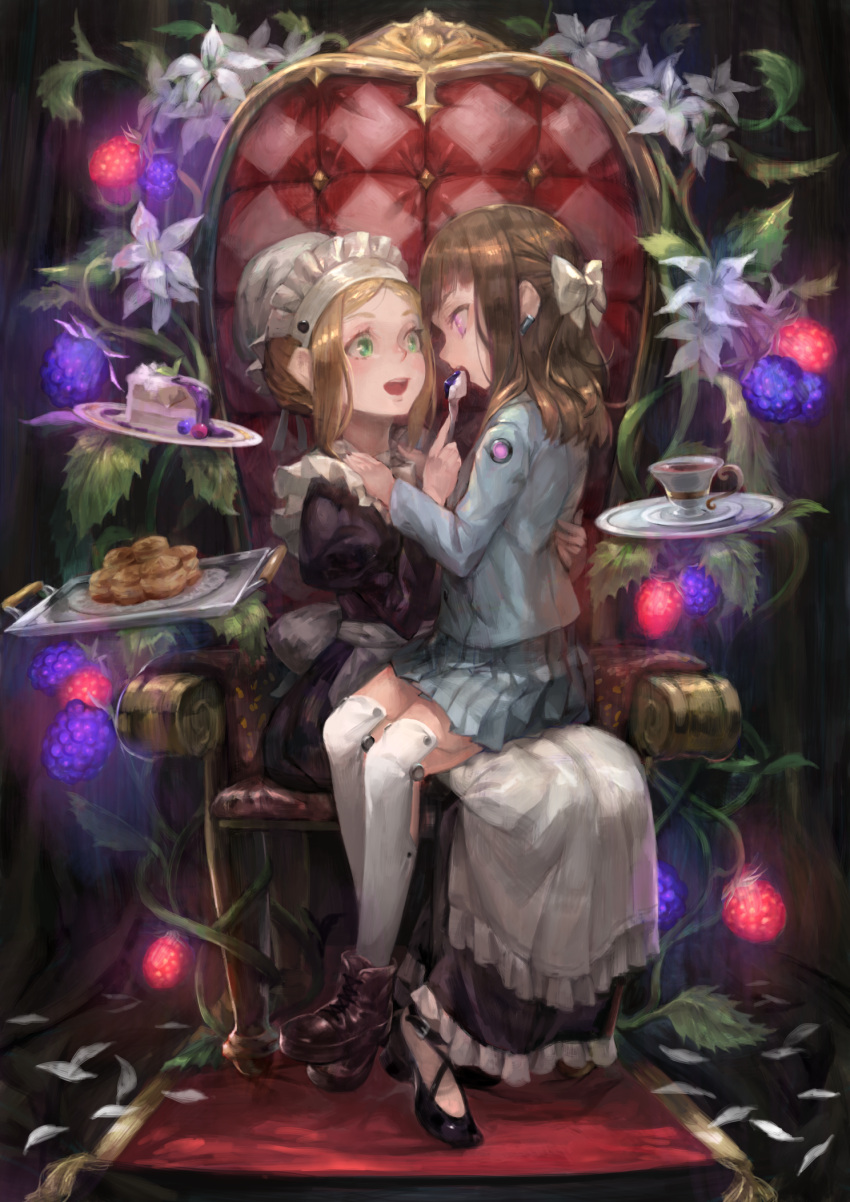 2girls apron armchair black_dress black_footwear blonde_hair bow brown_hair cake cake_slice chair cup dress feeding floating floating_object food fork frills full_body green_eyes hair_bow highres jacket looking_at_another maid maid_apron maid_headdress muffin multiple_girls open_mouth original plant pleated_skirt saucer sitting sitting_on_lap sitting_on_person skirt teacup thigh-highs totoya_yuu tray violet_eyes