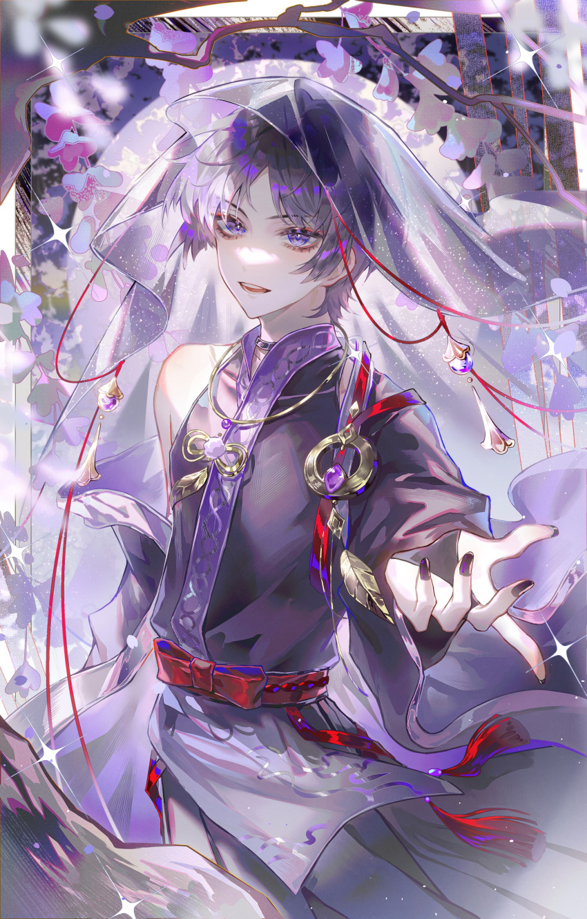 1boy absurdres beckoning bishounen detached_sleeves genshin_impact glint highres light_particles looking_at_viewer male_focus open_clothes open_mouth open_vest outstretched_hand purple_hair reaching_towards_viewer scaramouche_(genshin_impact) short_hair solo sparkle string string_of_fate tassel veil vest violet_eyes wanderer_(genshin_impact) zhumojian