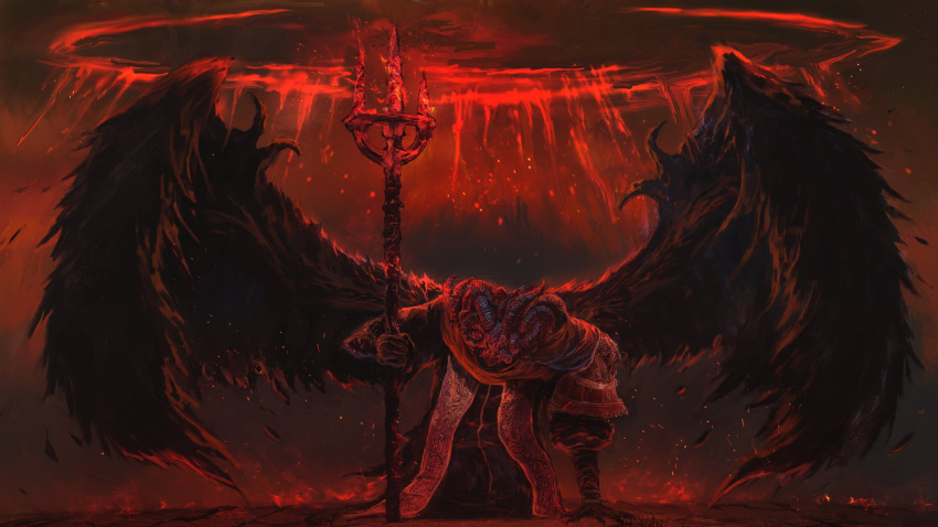1boy elden_ring feathered_wings highres holding holding_trident holding_weapon horns kneeling male_focus mohg_lord_of_blood monster multiple_horns red_theme robe shimhaq solo spread_wings weapon wings