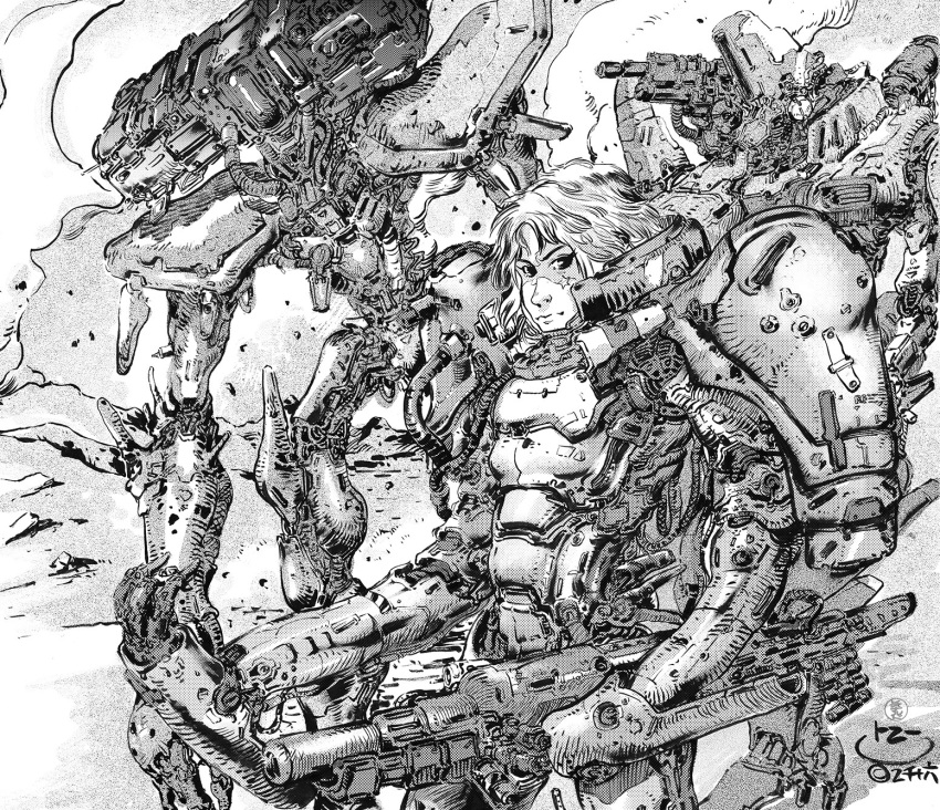 1980s_(style) 1girl cable clouds concept_art cyberpunk damaged debris desert dirty dragon's_heaven dust elmedain energy_cannon highres ikuuru ink_(medium) long_hair looking_at_viewer machinery mecha moebius_(style) monochrome power_armor power_suit retro_artstyle robot scan science_fiction shaian_(robot) shoulder_cannon signature smoke tonikoro traditional_media western_comics_(style)
