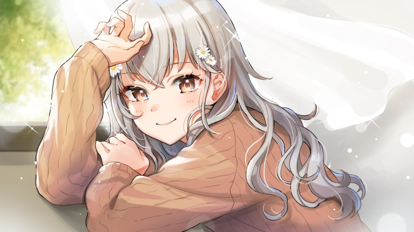 1girl bangs blush brown_eyes brown_sweater character_request closed_mouth commission flower grey_hair hair_between_eyes hair_flower hair_ornament long_hair looking_at_viewer piroshiki123 ribbed_sweater shiny shiny_hair skeb_commission sleeves_past_wrists smile solo sweater upper_body virtual_youtuber white_flower