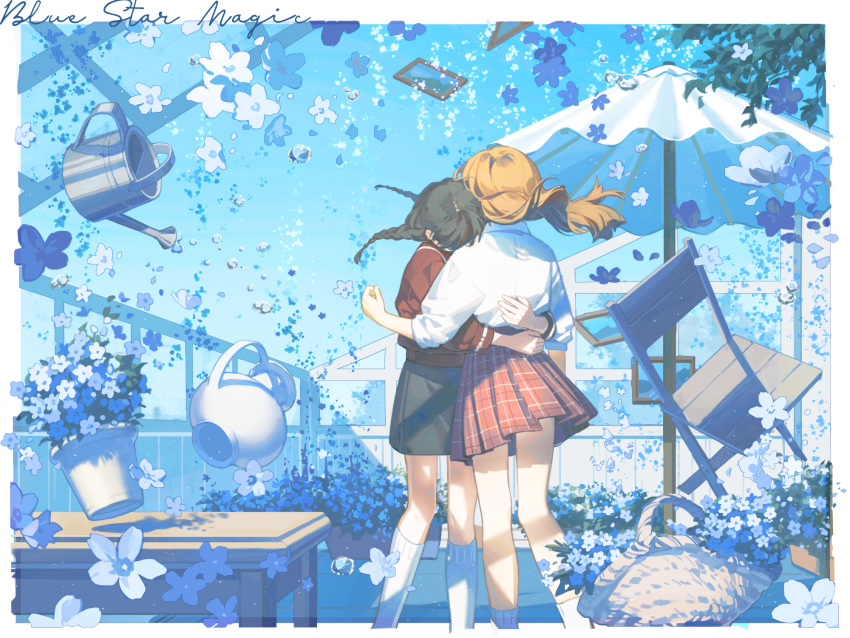 2girls aqua_flower aqua_theme bench black_hair blonde_hair blue_flower blue_sky blue_theme border braid chair day empty_picture_frame english_commentary english_text floating floating_hair floating_object flower flower_basket flower_pot from_behind garden greenhouse grey_skirt highres hug jacket long_hair long_sleeves multiple_girls original outdoors parasol picture_frame plant pleated_skirt potted_plant red_jacket scenery shirt skirt sky sleeves_past_elbows sora_(akaisw) sunlight table twin_braids twintails umbrella vase water_drop watering_can white_border white_shirt wooden_chair
