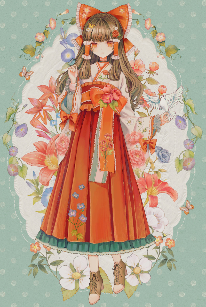1girl animal bird blue_flower boots bow brown_hair bug butterfly cross-laced_footwear flower hair_bow hair_tubes hakama hakurei_reimu high_heel_boots high_heels highres hourai_kiriri japanese_clothes lace-up_boots long_hair long_sleeves morning_glory open_mouth pink_flower purple_flower red_bow red_eyes red_flower red_hakama sidelocks solo touhou white_bird white_flower wide_sleeves