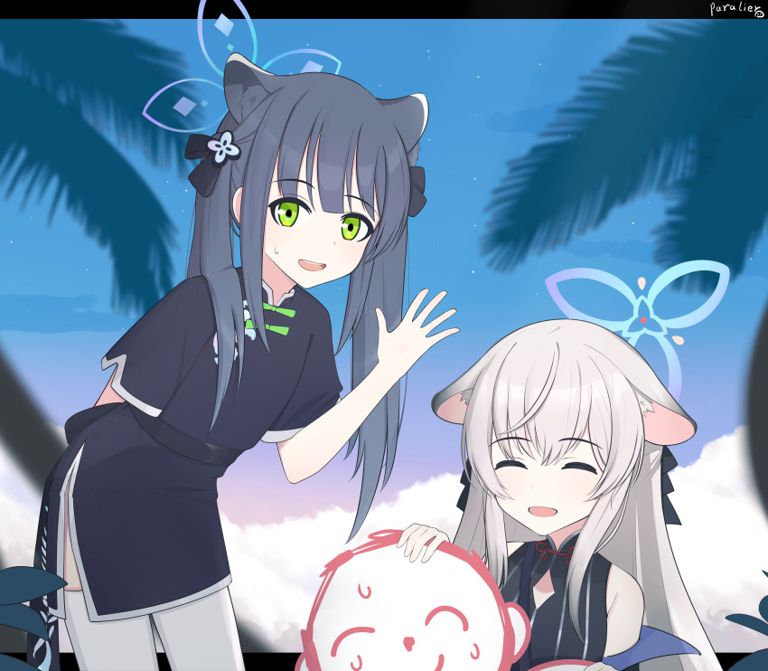 1boy 2girls :d ^_^ ^o^ absurdres animal_ears bangs bent_over black_hair blue_archive blue_sky blurry china_dress chinese_clothes closed_eyes clouds cloudy_sky commentary depth_of_field dress extra_ears green_eyes grey_hair hair_ornament hair_ribbon halo headpat highres kokona_(blue_archive) long_hair looking_at_viewer multicolored_hair multiple_girls paralier ribbon sensei_(blue_archive) short_sleeves shun_(blue_archive) shun_(small)_(blue_archive) side_slit sidelocks sky sleeveless smile streaked_hair sweatdrop thigh-highs tiger_ears tiger_girl twintails two-tone_hair waving white_thighhighs
