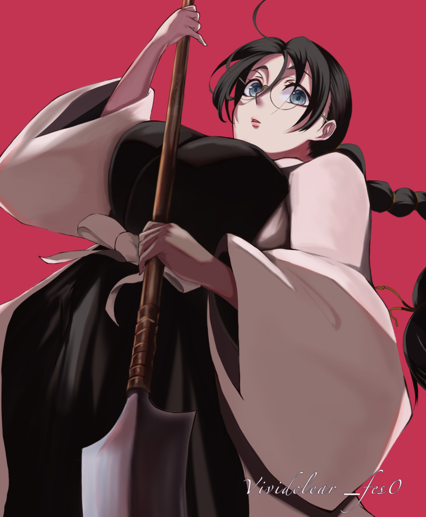 1girl bangs black_hair black_kimono bleach bleach:_the_thousand-year_blood_war braid breasts expressionless food-act glasses grey_eyes hair_between_eyes haori highres holding holding_polearm holding_weapon japanese_clothes katori_batsuunsai kimono large_breasts long_hair looking_at_viewer looking_down naginata open_clothes open_mouth polearm red_background rimless_eyewear sash single_braid solo watermark weapon white_sash wide_sleeves