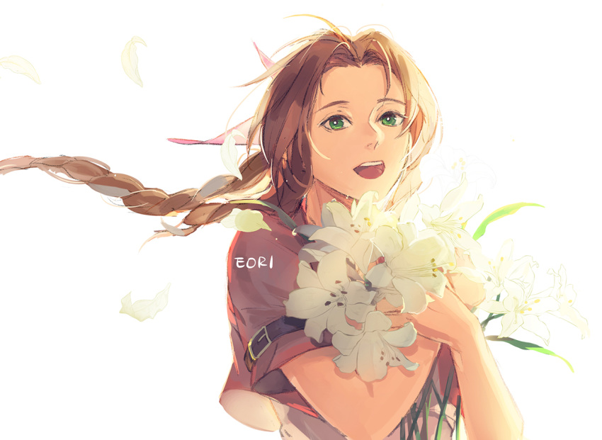 1girl aerith_gainsborough artist_name bangs bouquet braid braided_ponytail brown_hair cropped_jacket dress eorinamo final_fantasy final_fantasy_vii final_fantasy_vii_remake flower green_eyes hair_ribbon holding holding_bouquet jacket lily_(flower) long_hair looking_at_viewer open_mouth parted_bangs pink_dress pink_ribbon red_jacket ribbon short_sleeves sidelocks smile solo upper_body white_background yellow_flower