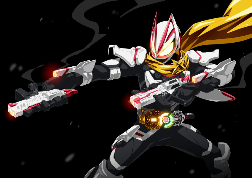 1boy armor black_background black_bodysuit bodysuit desire_driver driver_(kamen_rider) dual_wielding fever_buckle fever_magnum_form fox glowing glowing_eyes gun highres holding kamen_rider kamen_rider_geats kamen_rider_geats_(series) leg_armor magnum_shooter_40x male_focus otokamu rider_belt scarf shoulder_armor smoke smoke_trail smoking_gun solo spread_legs thighs tokusatsu weapon white_armor yellow_eyes