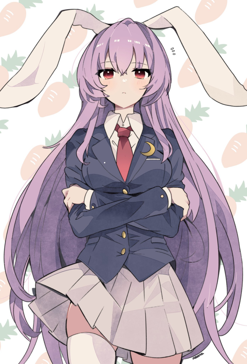 1girl animal_ears black_jacket blazer breasts closed_mouth collared_shirt cowboy_shot crescent crescent_pin crossed_arms highres jacket long_sleeves looking_at_viewer necktie necono_(nyu6poko) pleated_skirt rabbit_ears rabbit_girl red_necktie reisen_udongein_inaba shirt simple_background skirt solo standing thigh-highs touhou white_background white_shirt white_thighhighs