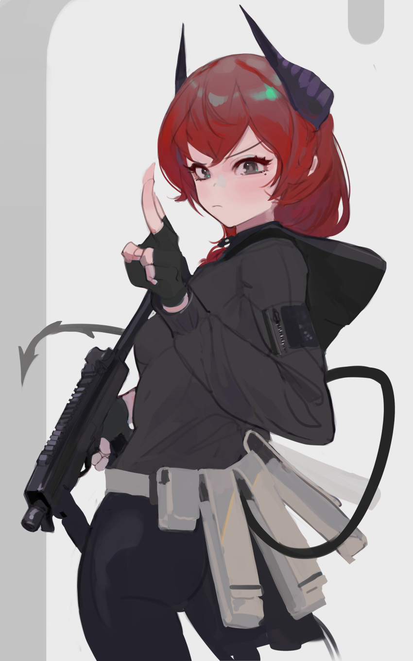 1girl absurdres ass belt black_pants closed_mouth contrapposto demon_tail from_behind grey_eyes grey_jacket gun highres holding holding_gun holding_weapon hood hooded_jacket horns jacket long_hair long_sleeves looking_at_viewer looking_back mole mole_under_eye original pants polilla pouch redhead solo submachine_gun tail v weapon white_belt
