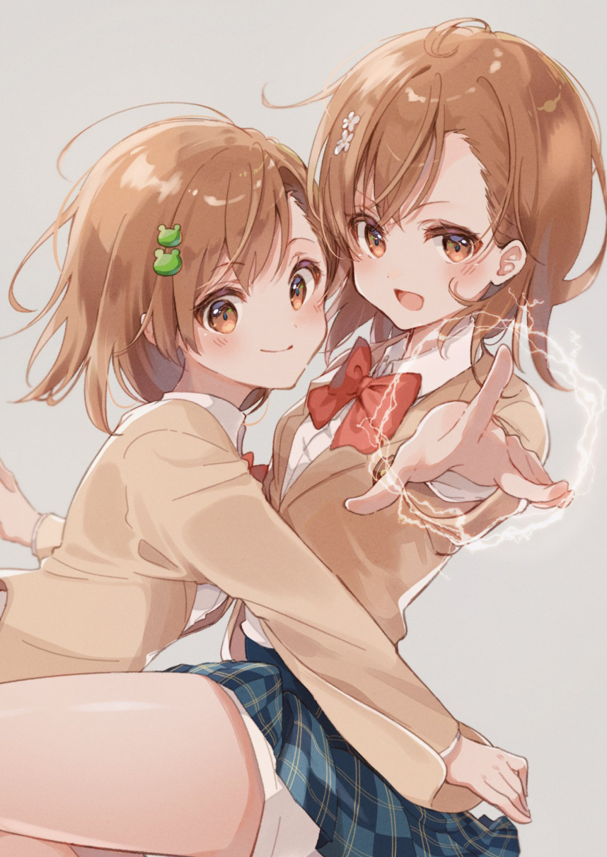 2girls :d bangs blazer blue_skirt bob_cut bow bowtie breasts brown_eyes brown_hair brown_jacket commentary dress_shirt dual_persona electricity face-to-face flower from_side gekota grey_background hair_flower hair_ornament hair_strand hairclip highres himaneko. hug jacket looking_at_viewer looking_to_the_side messy_hair misaka_mikoto multiple_girls open_mouth outstretched_arm plaid plaid_skirt pleated_skirt reaching_towards_viewer red_bow red_bowtie school_uniform shirt short_hair shorts shorts_under_skirt simple_background skirt small_breasts smile spread_fingers swept_bangs toaru_kagaku_no_railgun toaru_majutsu_no_index tokiwadai_school_uniform white_flower white_shirt white_shorts