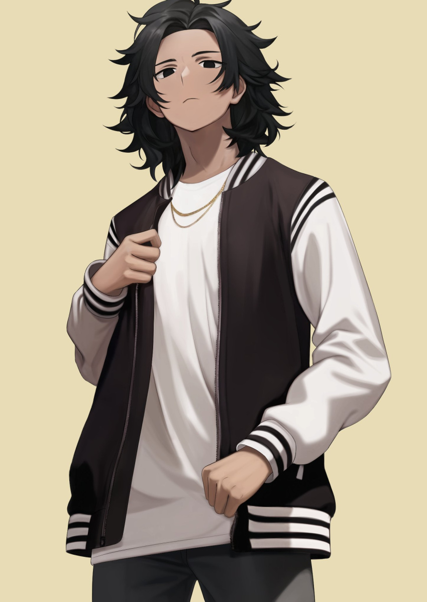 1boy artist_self-insert black_hair clenched_hand closed_mouth highres jacket jewelry long_sleeves looking_at_viewer medium_hair mikoscrub necklace open_clothes open_jacket original pants shirt simple_background solo standing white_shirt
