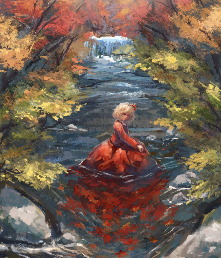 1girl absurdres aki_shizuha anonymous_(japanese) autumn autumn_leaves blonde_hair closed_mouth hair_ornament highres leaf leaf_hair_ornament long_sleeves maple_leaf red_shirt red_skirt river shirt short_hair skirt solo touhou yellow_eyes