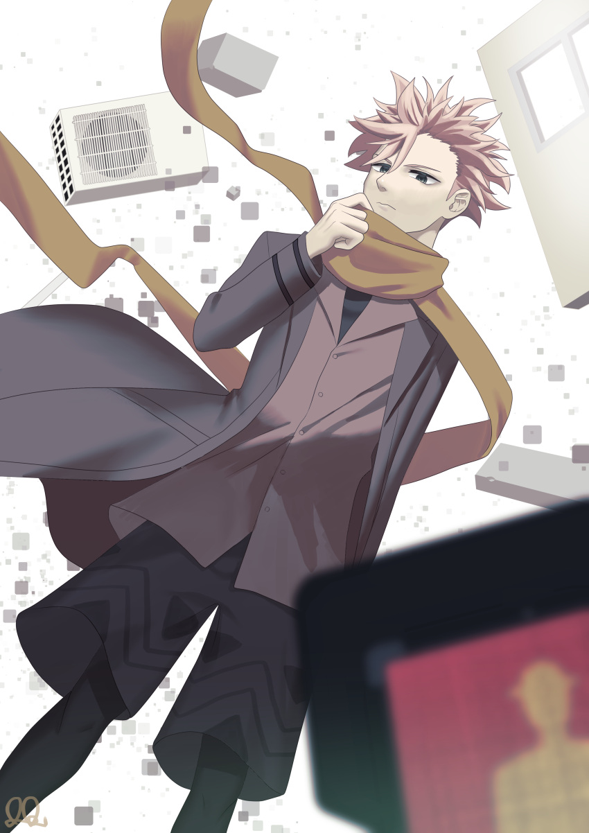 1boy absurdres black_eyes black_shorts coat cube grey_coat hair_between_eyes hand_up highres hutagi_rouka id_:invaded long_sleeves male_focus pink_hair scarf short_hair shorts solo spiky_hair standing traffic_light white_background yellow_scarf