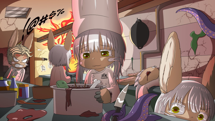 5others absurdres androgynous anger_vein angry animal_ears bangs blonde_hair bone bottle brown_fur chef_hat chef_uniform clenched_teeth cosplay crack fire fish furry gordon_ramsay gordon_ramsay_(cosplay) hat hell's_kitchen highres horizontal_pupils jar knife made_in_abyss multiple_others nanachi_(made_in_abyss) other_focus rabbit_ears scared short_hair smugbuns teeth tentacles whiskers white_hair wok wooden_spoon yellow_eyes