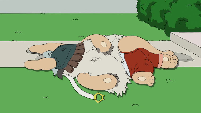 1other androgynous animal_ears bush family_guy family_guy_death_pose_(meme) furry grass helmet highres injury lying made_in_abyss meme nanachi_(made_in_abyss) on_stomach other_focus rabbit_ears scene_reference sidewalk smugbuns solo tail white_hair