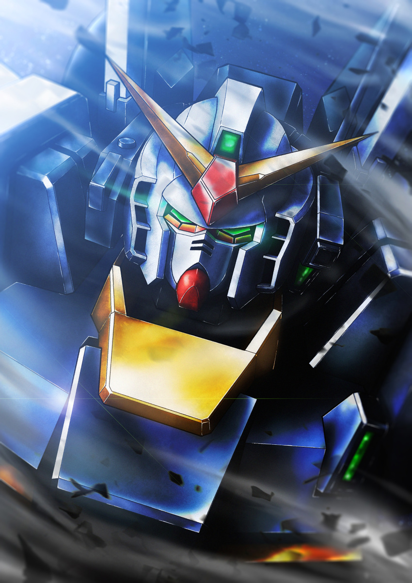 absurdres blurry commentary debris depth_of_field green_eyes gundam gundam_mk_ii highres looking_at_viewer mecha mobile_suit robot science_fiction solo space sunflower_(tomodog422) v-fin zeta_gundam