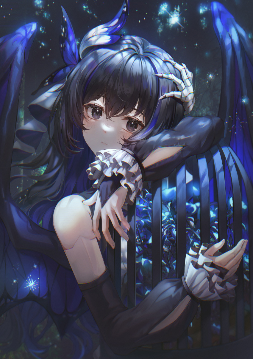 1girl absurdres bangs bare_shoulders black_dress black_eyes black_hair black_sleeves black_veil blue_butterfly blue_flower blue_light blue_theme blush bug butterfly closed_mouth commentary dress flower forest frilled_cuffs hair_ornament highres holding light_smile long_hair long_sleeves looking_at_viewer mirage_(rairudiseu) nature original outdoors puffy_long_sleeves puffy_sleeves skeletal_hand solo sparkling_eyes standing symbol-only_commentary tree tree_shade upper_body