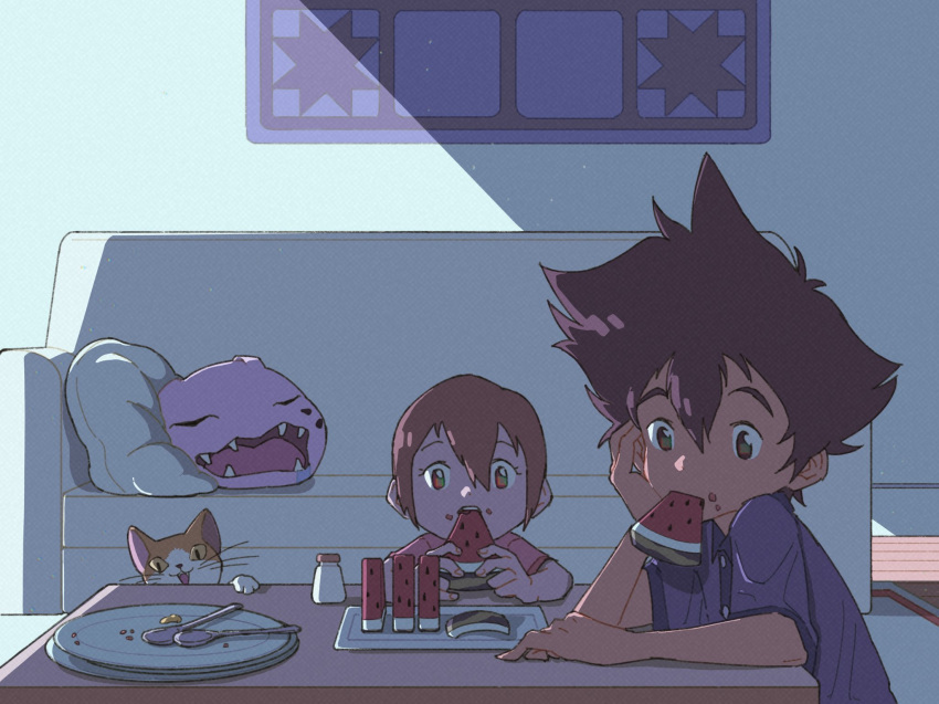 biting brother_and_sister brown_hair cat couch digimon eating fangs food food_in_mouth fruit hair_between_eyes hamoo8686 highres koromon open_mouth outdoors siblings sleeping watermelon yagami_hikari yagami_taichi