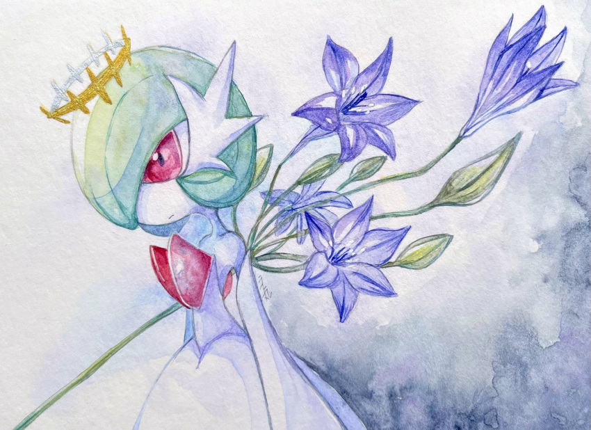 1girl artist_name bangs bare_shoulders blue_flower bob_cut closed_mouth colored_skin commentary_request dress elbow_gloves flat_chest flower from_side gardevoir gloves green_hair hair_over_one_eye halo highres lily_(flower) mega_gardevoir mega_pokemon one_eye_covered painting_(medium) partial_commentary pokemon pokemon_(creature) ras_(my-your-music) red_eyes short_hair signature simple_background solo standing strapless strapless_dress traditional_media upper_body watercolor_(medium) white_background white_dress white_gloves white_skin