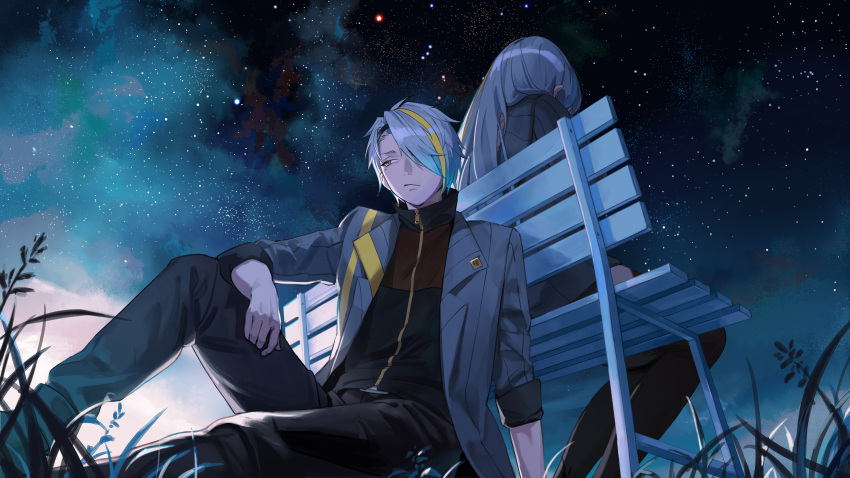 1boy 1girl bench black_pants black_shirt blue_sky closed_mouth facing_away grey_hair grey_jacket grey_sweater hair_over_one_eye highres indie_virtual_youtuber jacket kotatiyu long_hair mole mole_under_eye multicolored_hair night night_sky one_eye_covered open_clothes open_jacket orange_eyes pants shirt sitting sky star_(sky) starry_sky streaked_hair sweater utai_meika