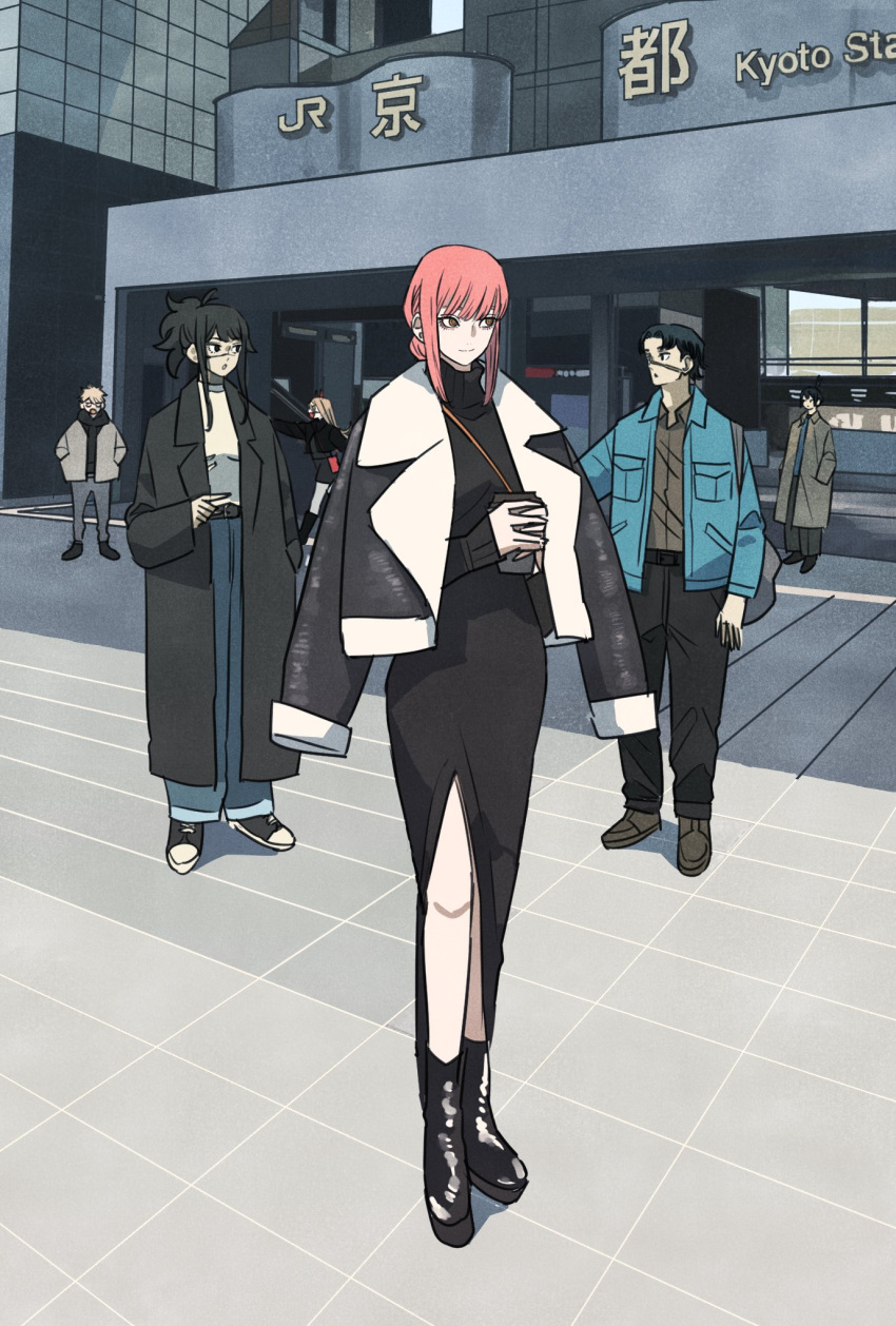 3boys 3girls bag black_coat black_dress black_footwear black_hair black_sweater blonde_hair blue_jacket braid braided_ponytail chainsaw_man coat coffee_cup cup denji_(chainsaw_man) disposable_cup dress hand_in_pocket handbag hands_in_pockets hayakawa_aki highres holding holding_cup jacket jacket_on_shoulders kurose_yuutarou long_hair looking_at_another looking_to_the_side makima_(chainsaw_man) medium_hair multiple_boys multiple_girls open_mouth ponytail power_(chainsaw_man) redhead scar scar_on_face short_hair shorts side_slit sidelocks smile sweater takeuchi_ryousuke tendou_michiko topknot turtleneck_dress